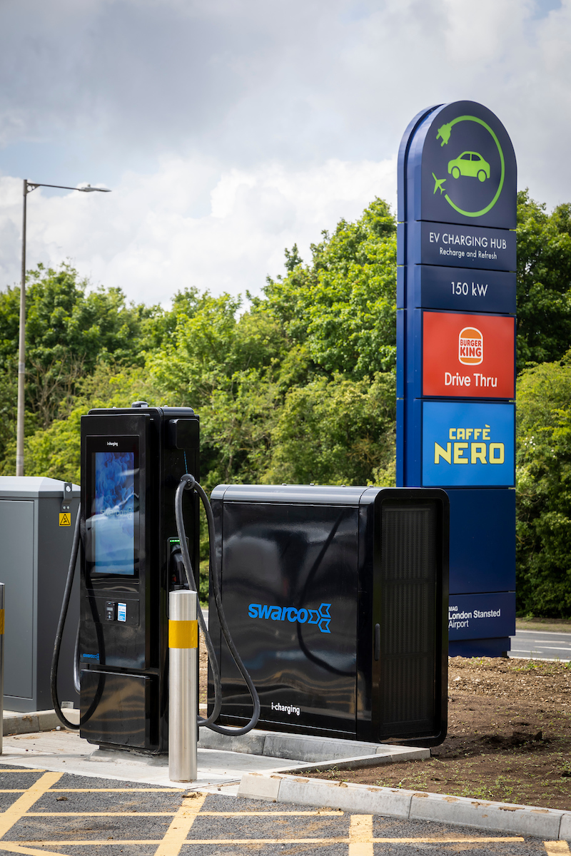 EV charging hardware at the Stansted Evolt Charging hub.